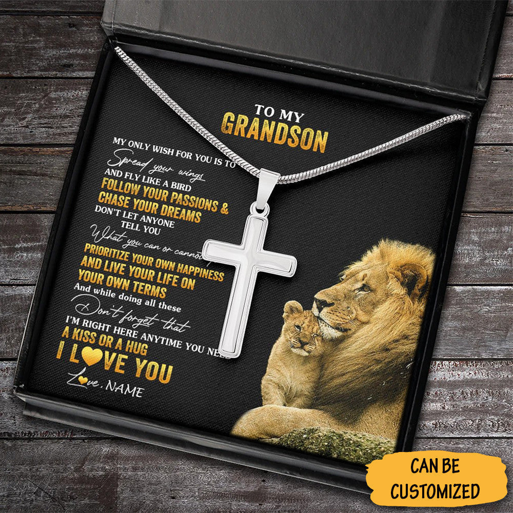 Personalized Lion To My Grandson Cross Necklace Chain With Cross Pendant Birthday Gift For Grandson