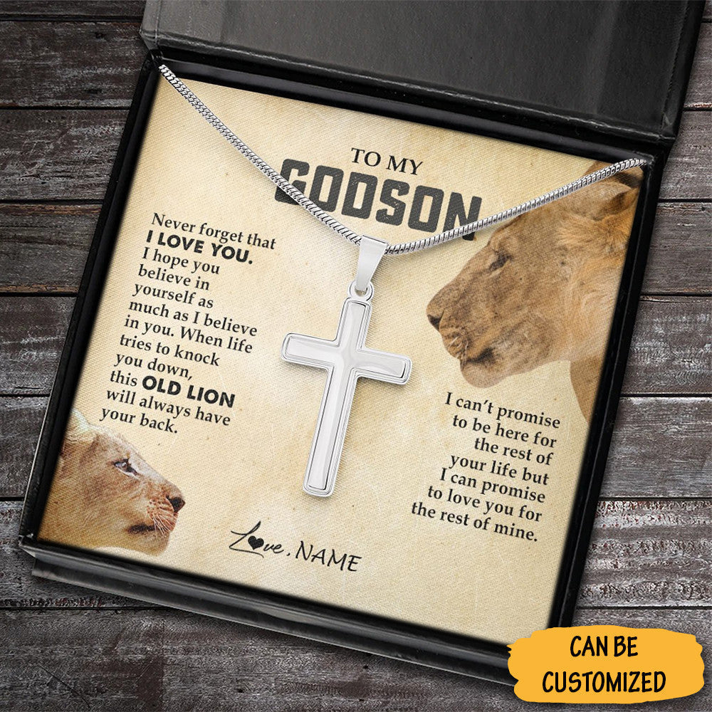 Personalized Lion To My Godson Cross Necklace Silver Christian Cross Necklace For Godson Present Ideas