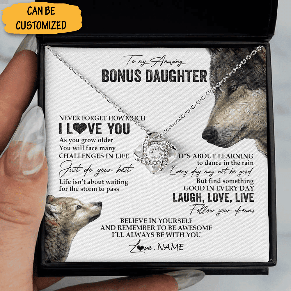 Personalized Wolf To My Bonus Daughter Necklace From Dad Silver Love Knot Pendant Necklace Message Jewelry
