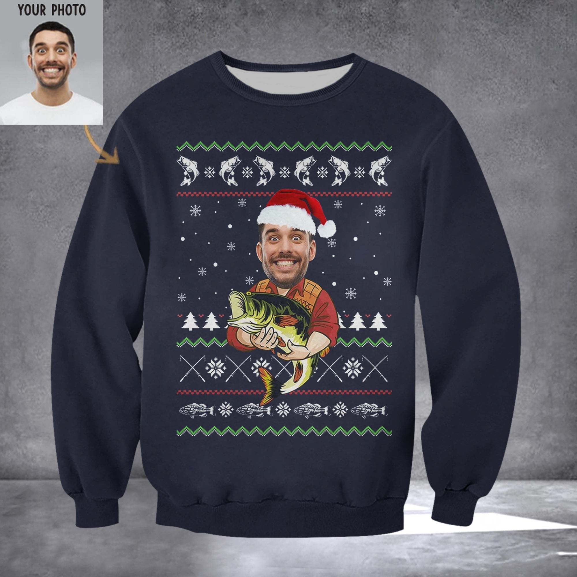 Custom Photo Sweatshirt Merry Christmas Fishing Sweatshirt Gifts For Fishing Lovers