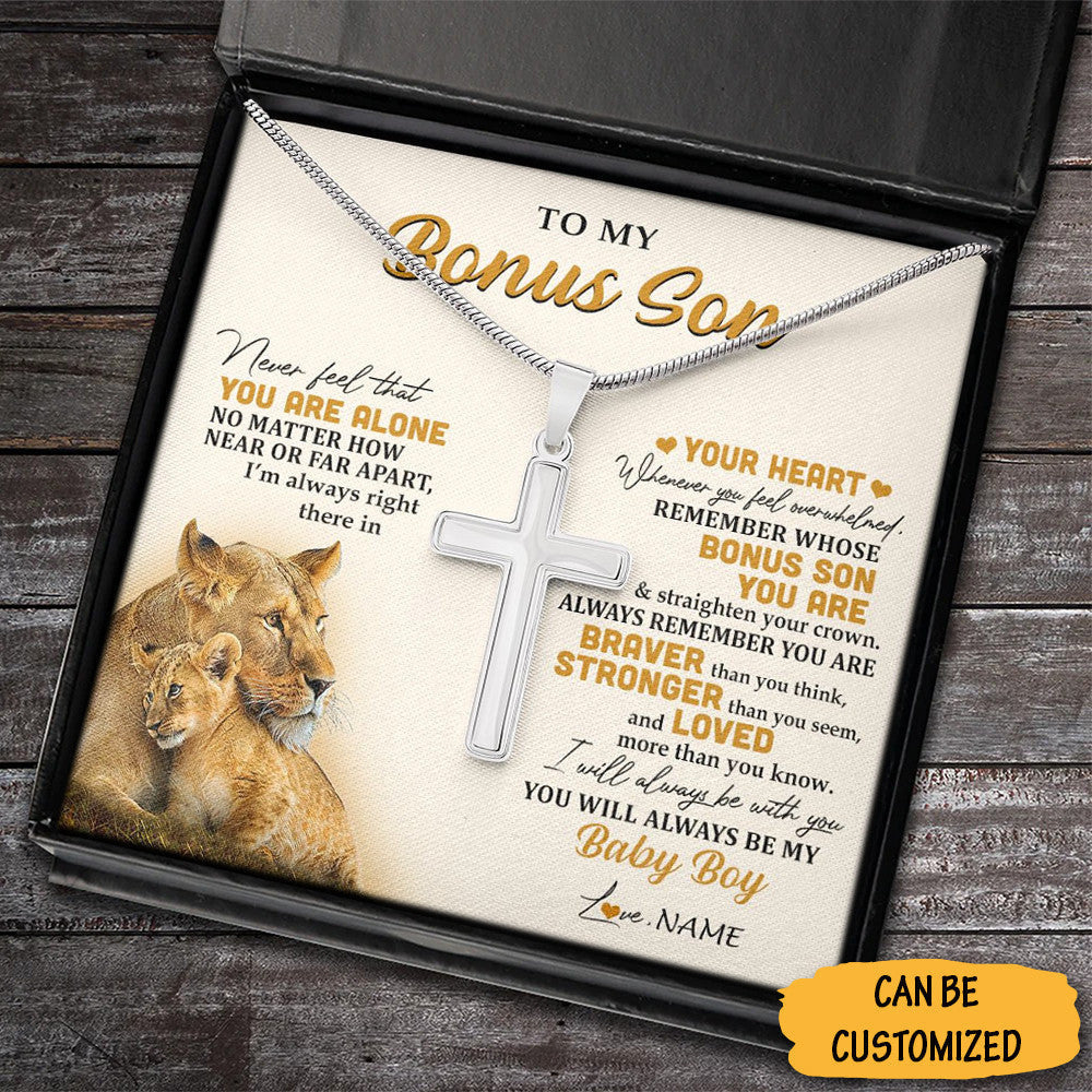 Personalized Lion To My Bonus Son Cross From Stepmom Stepdad Silver Cross Necklace With Message Card