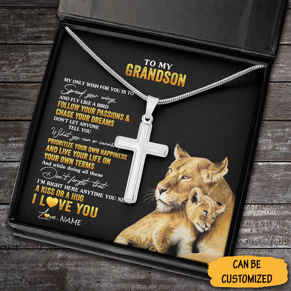 Personalized Lion To My Grandson Cross Necklace Silver Cross Chain Unique Gifts For New Grandson
