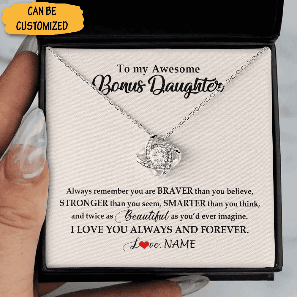 Personalized To My Awesome Bonus Daughter Necklace Love Knot Silver Necklace For Bonus Daughter Jewelry Box Gift