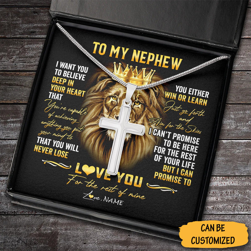 Personalized Lion To My Nephew Cross Necklace Large Cross Chain Necklace Christmas Gift Ideas For Nephews