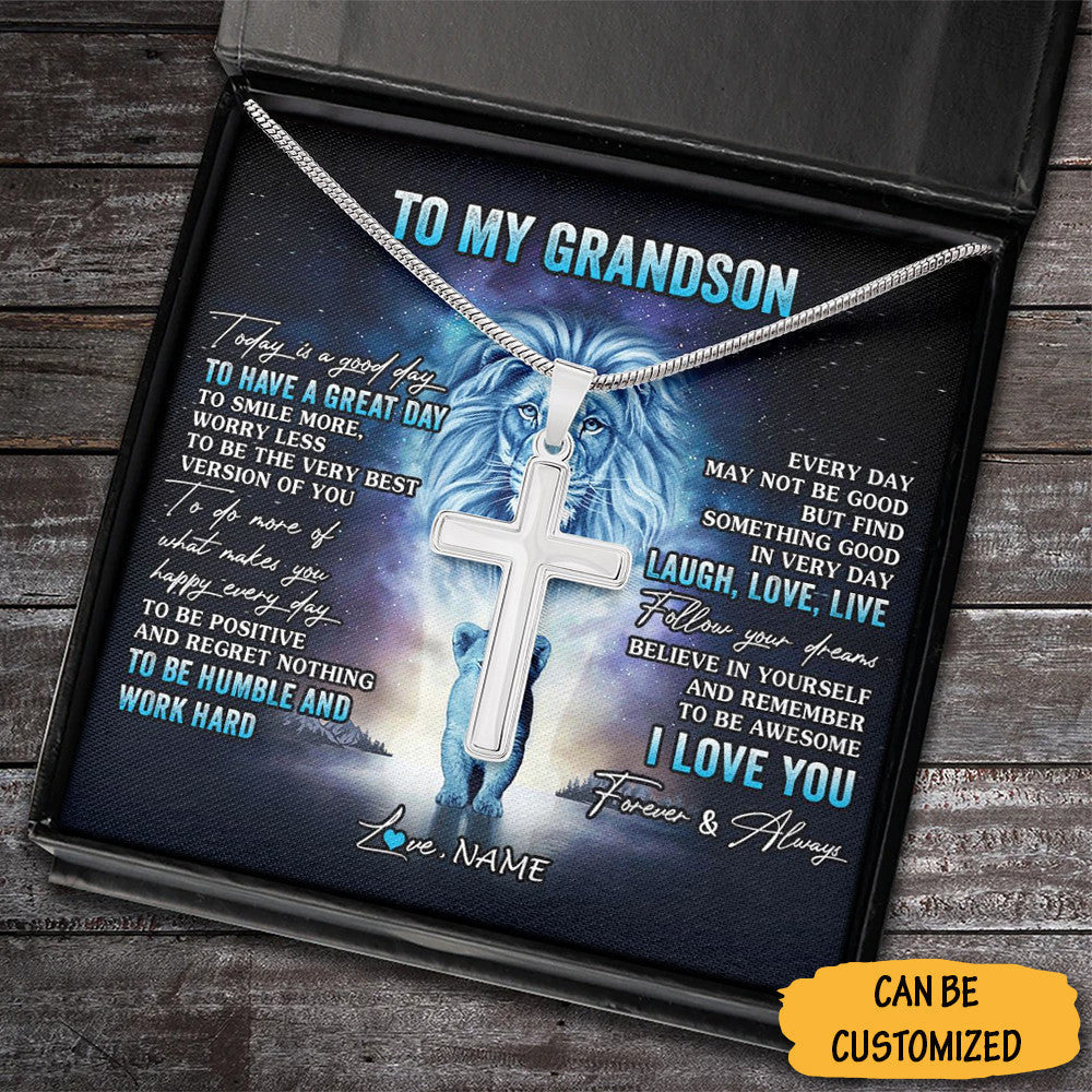 Personalized Lion To My Grandson Cross Necklace Simple Cross Necklace Chain Gifts For Grandson From Grandpa