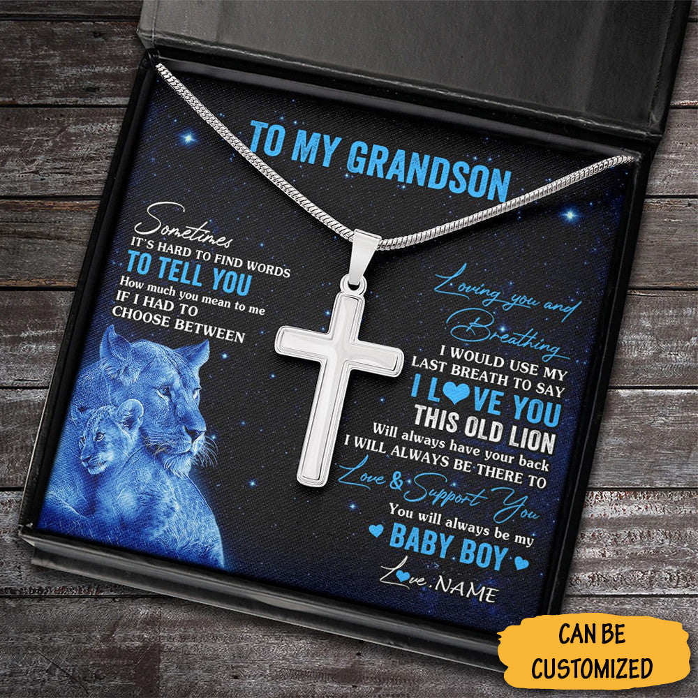 Personalized Lion To My Grandson Cross Necklace Silver Cross Pendant Chain Keepsake From Grandma To Grandson