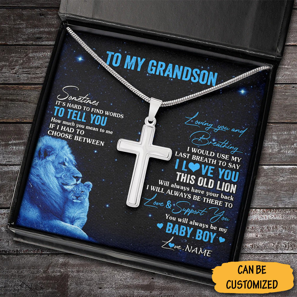 Personalized Lion To My Grandson Cross Necklace Christian Cross Necklace Gift From Grandfather To Grandson