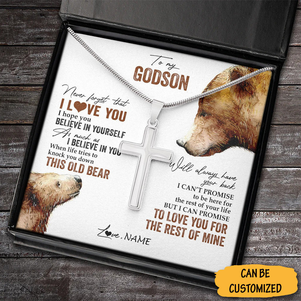 Personalized Bear To My Godson Cross Necklace Silver Christian Cross Necklace Best Gifts For Your Godchild