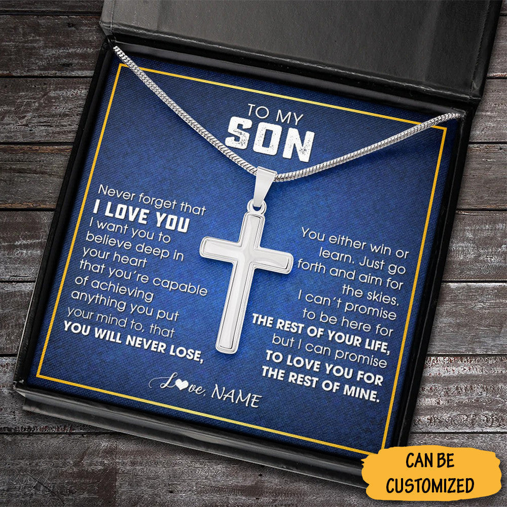 Custom To My Son Cross Necklace Never Forget That I Love You Necklace Cross Chain Birthday Present For Son