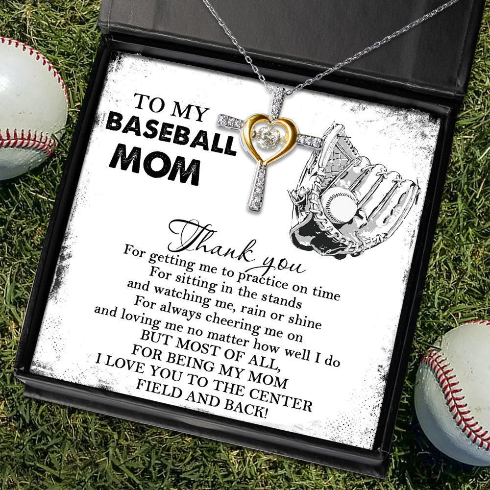 Mothers Day 2024 To My Baseball Mom Heart Cross Necklace I Love You To The Center Field And Back