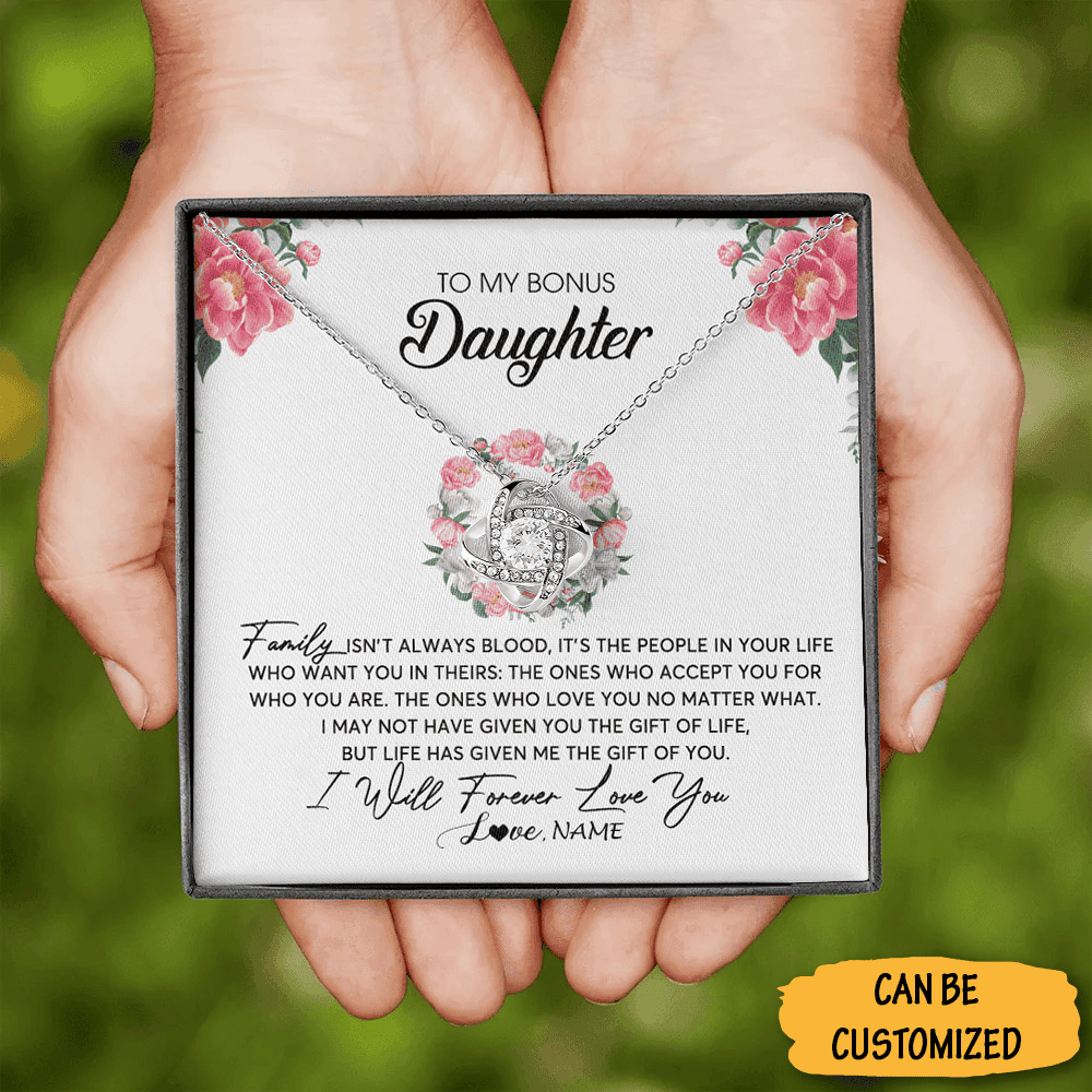 Personalized To My Bonus Daughter Necklace Love From Mom Dad Love Knot Silver Necklace Jewelry Box
