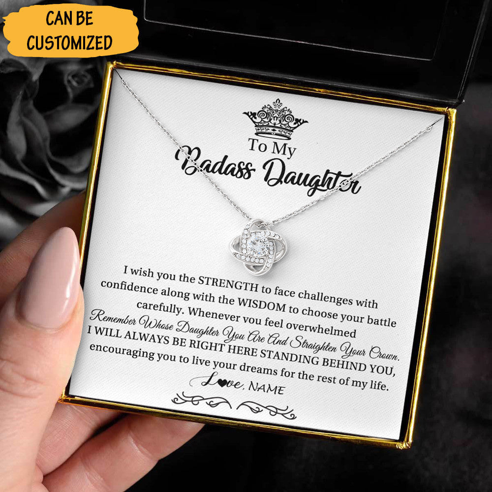 Customized To My Badass Daughter Love Knot Necklace Daughter Straighten Your Crown Necklace Special Gifts