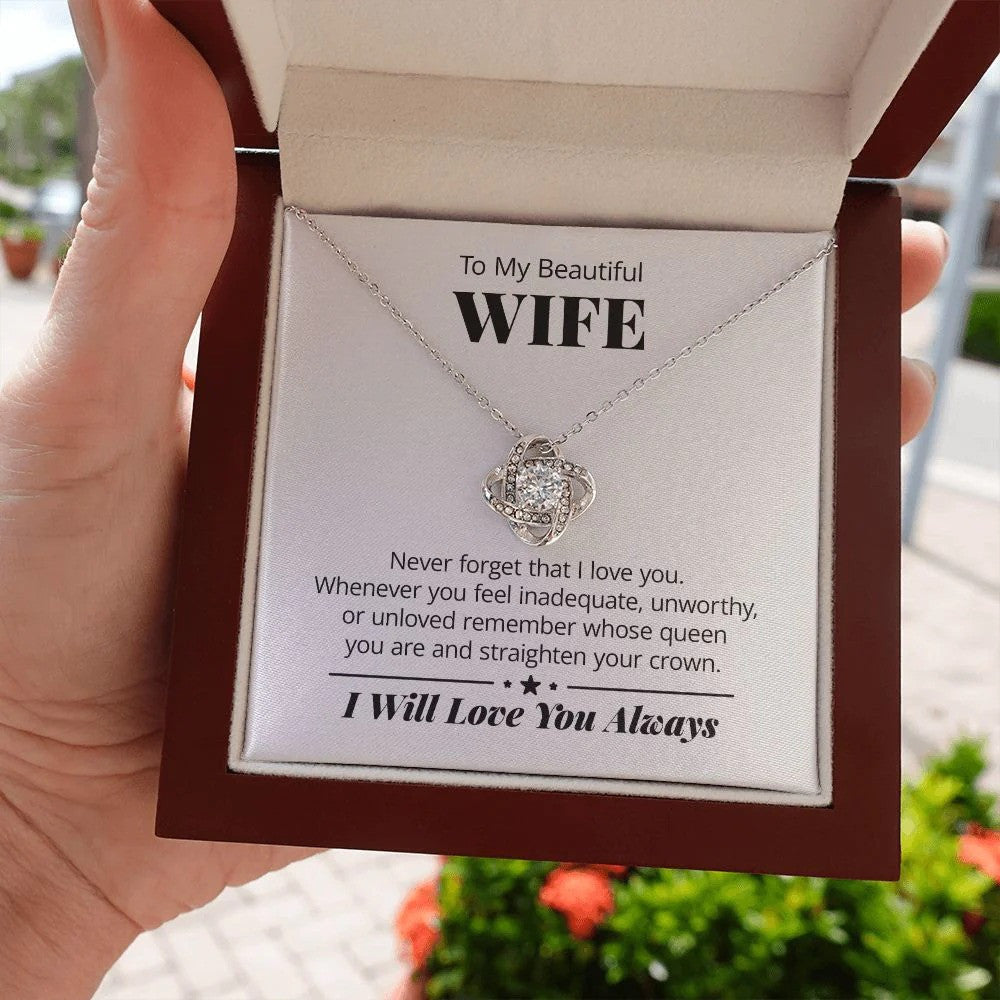 To My Beautiful Wife Love Knot Necklace With Message Card Mother's Day Jewelry Gift For Wife