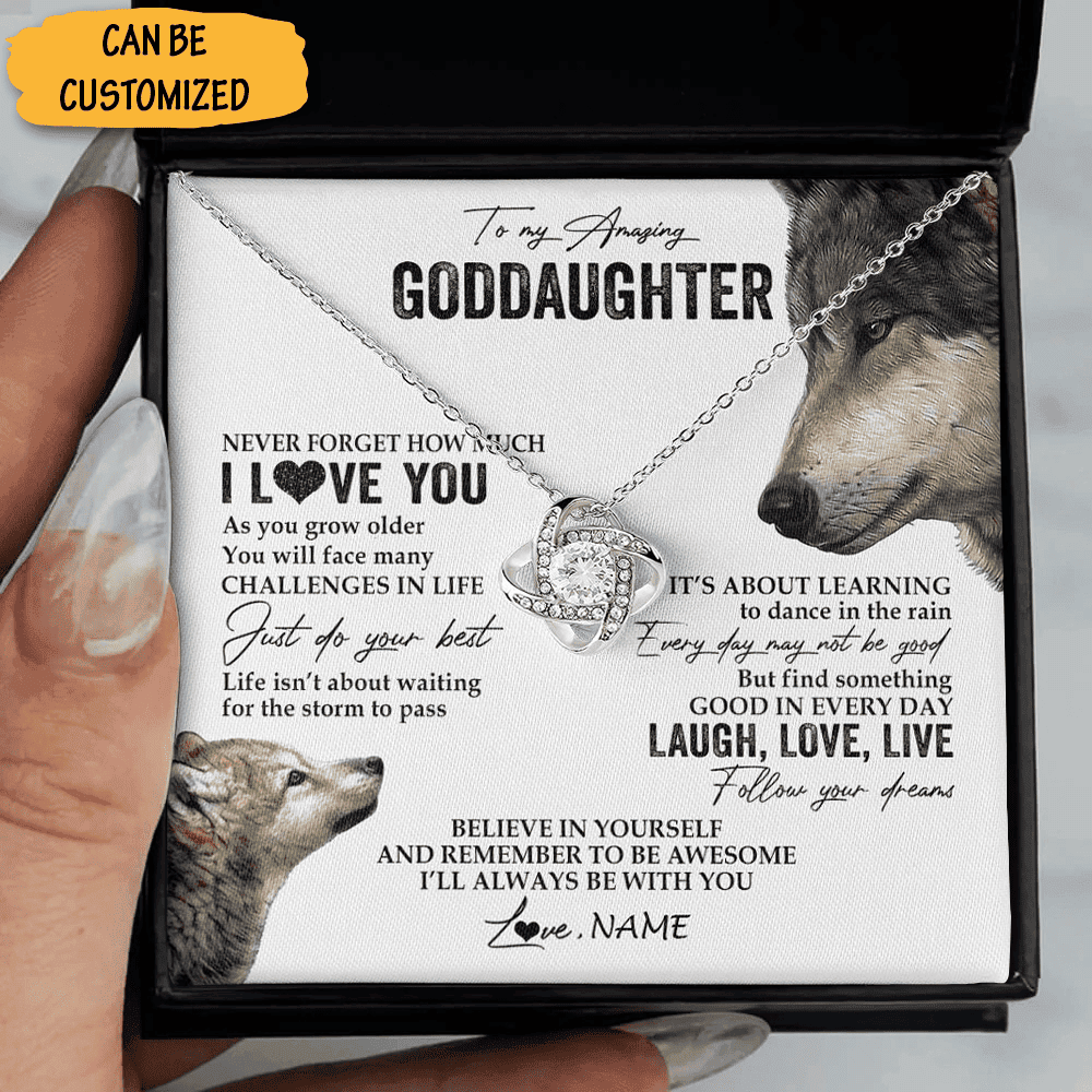 Custom Wolf To My Goddaughter Necklace Silver Love Knot Necklace Keepsake Goddaughter Communion Gifts