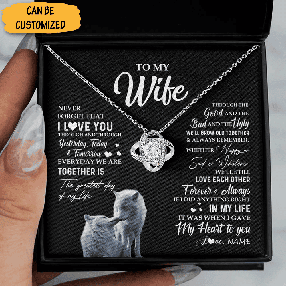 Personalized To My Wife Silver Love Knot Necklace Wolf Never Forget That I Love You Necklace For Wife