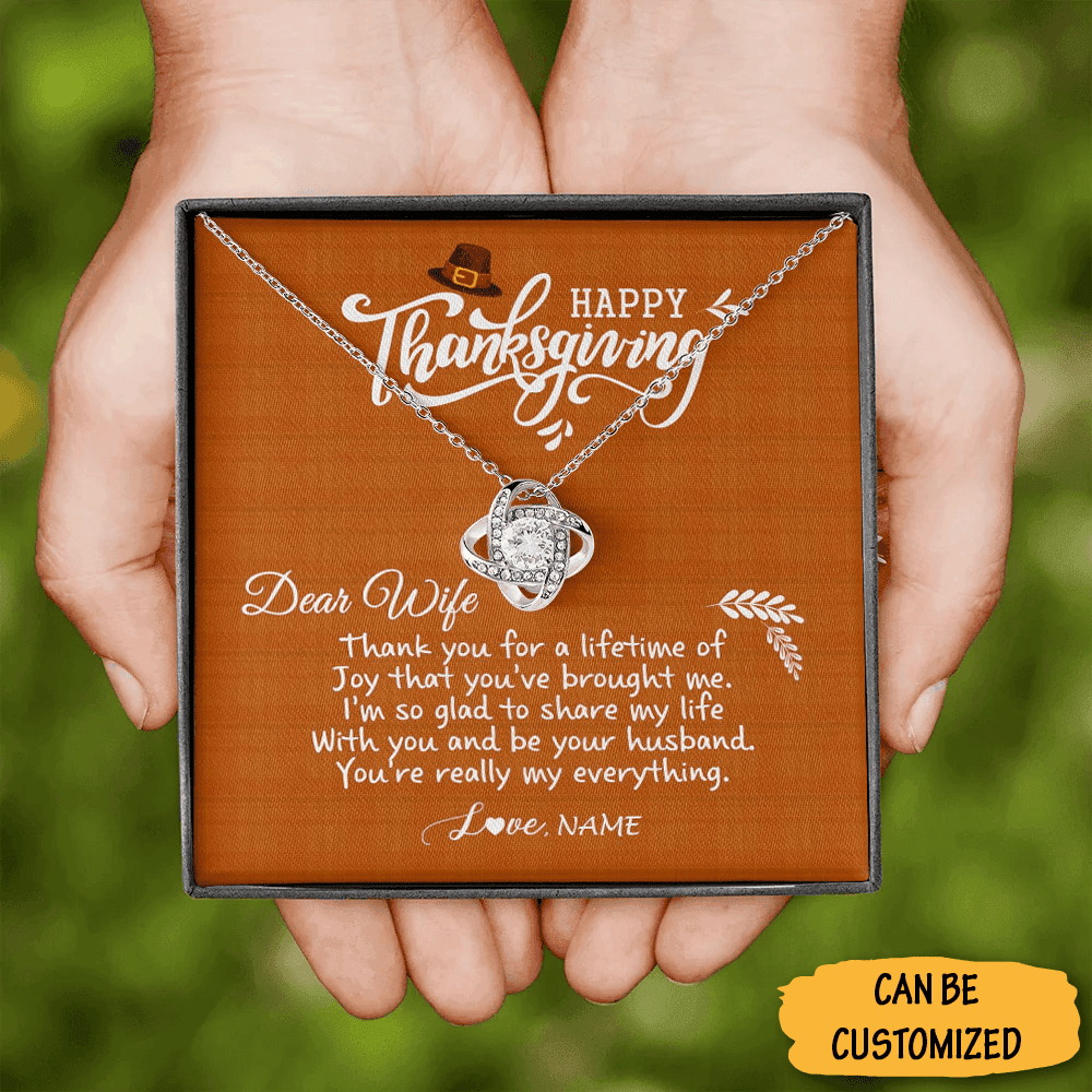 Custom Dear Wife Happy Thanksgiving Necklace Love Knot Pendant Silver Necklace Thanksgiving Gift For Wife