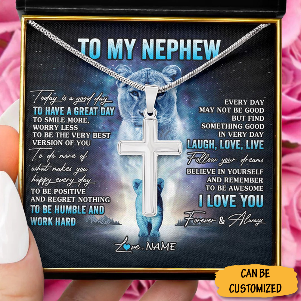 Personalized Lion To My Nephew Cross Necklace Necklace Sterling Silver Cross Necklace Nephew Christmas Gifts