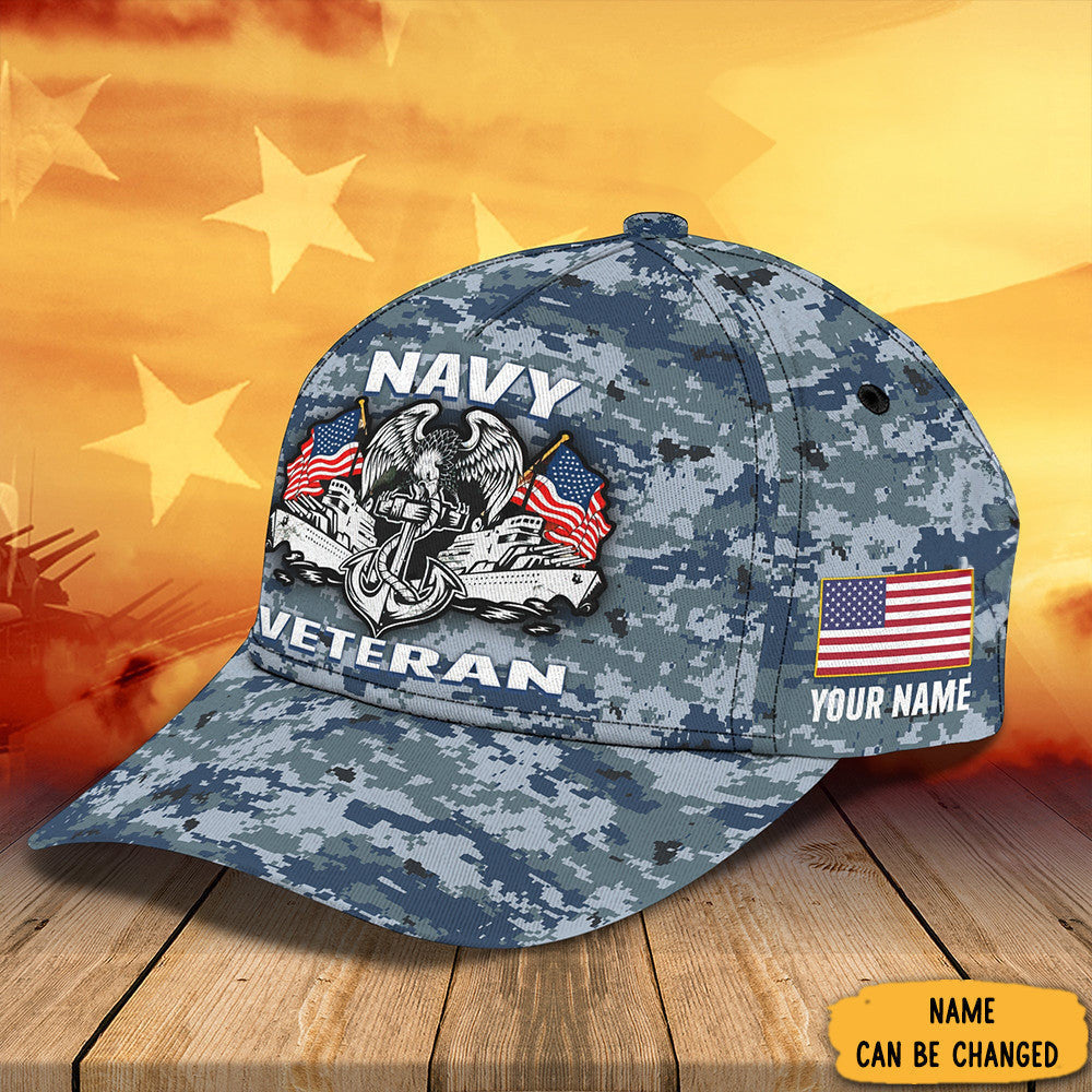 Personalized Navy Veteran Camo Hat USA Flag Patriotic US Navy Veteran Ball Cap Merch