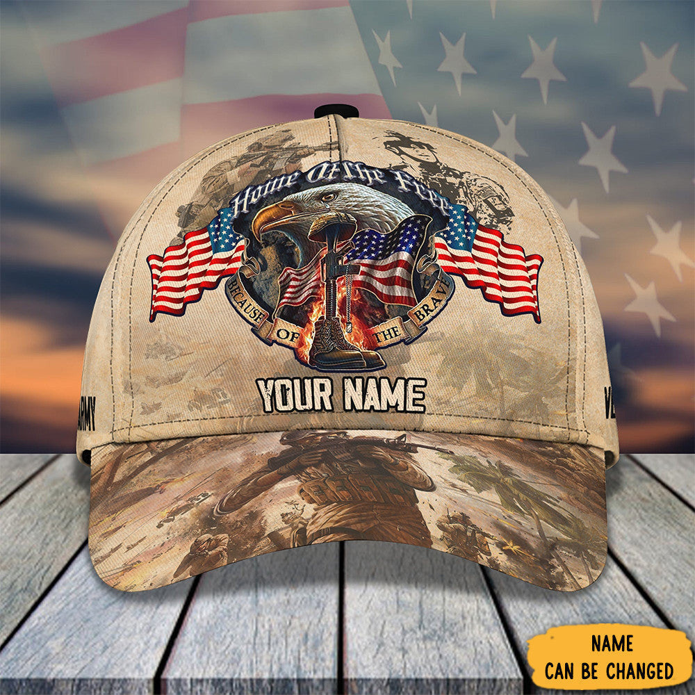Personalized Veteran Hat Home Of Free Because Of The Brave Eagle American Flag Cap
