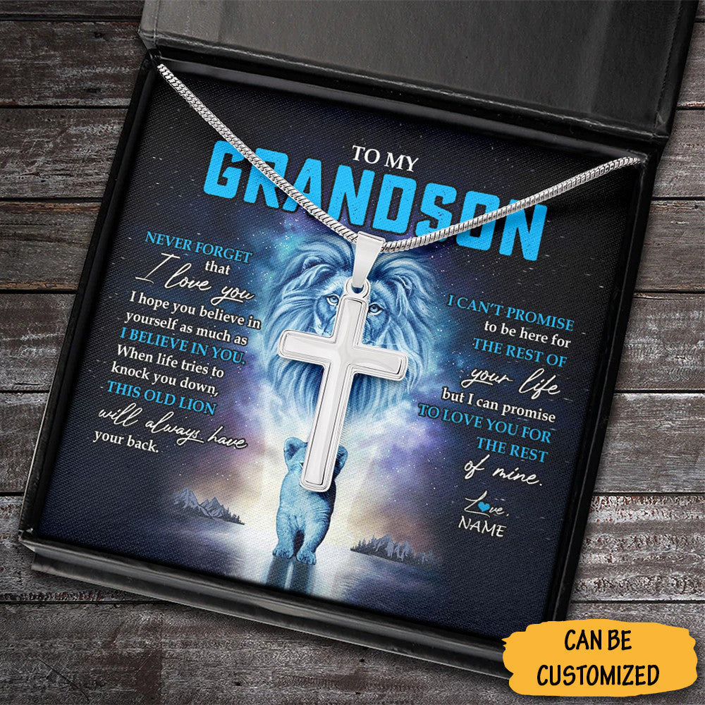 Custom Lion To My Grandson Cross Necklace Never Forget That I Love You Necklace For Grandson Special Gifts