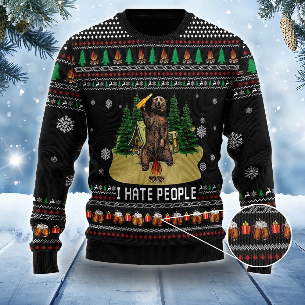 Bear Drinking Beer And Camping I Hate People Sweater Funny Christmas Ugly Sweater Gifts