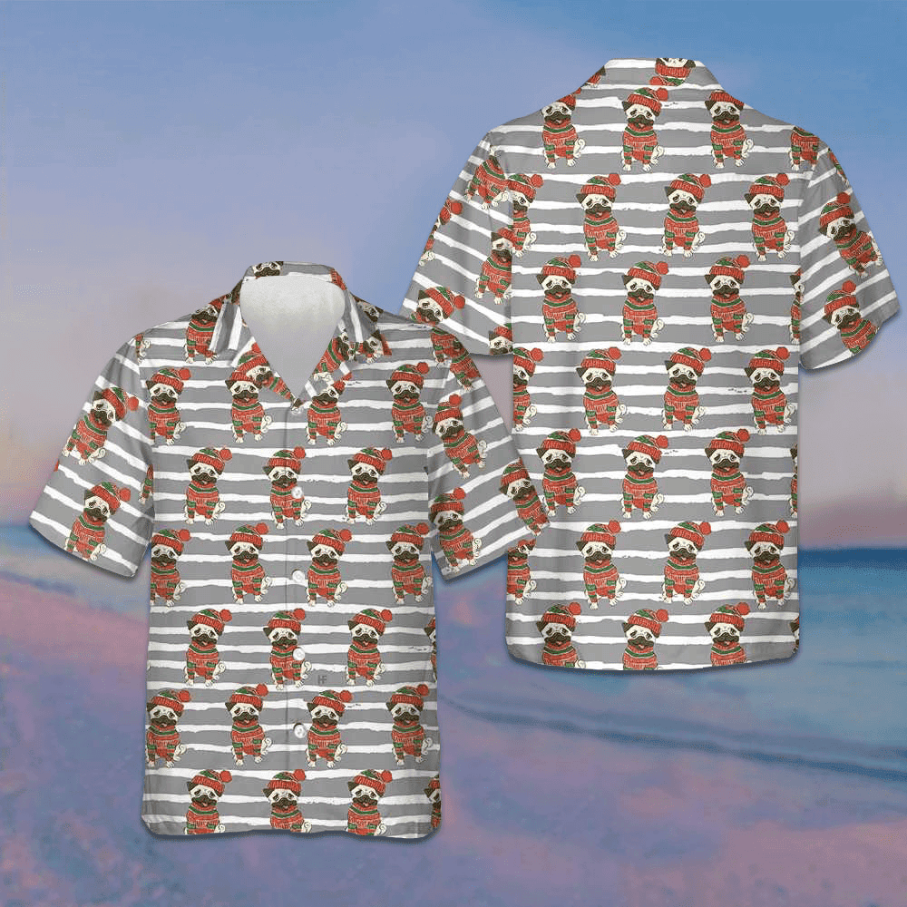 Pug In Sweater And Winter Hat Hawaiian Shirt Pug Lovers Xmas Shirt Gifts For Friends