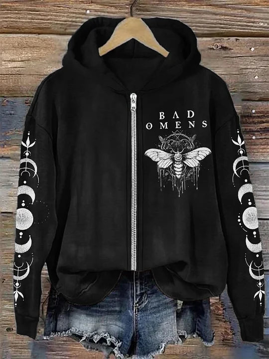 Bad Omens Zip Hoodie Rock Band Inspired Moth And Moon Phase Art Hoodie Bad Omens Merch