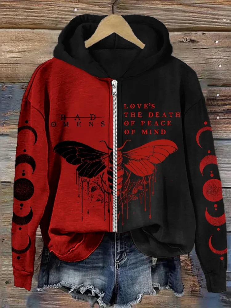 Bad Omens Zip Hoodie For Rock Fans Moth And Moon Hoodie Love Is The Death Of Peace Of Mind