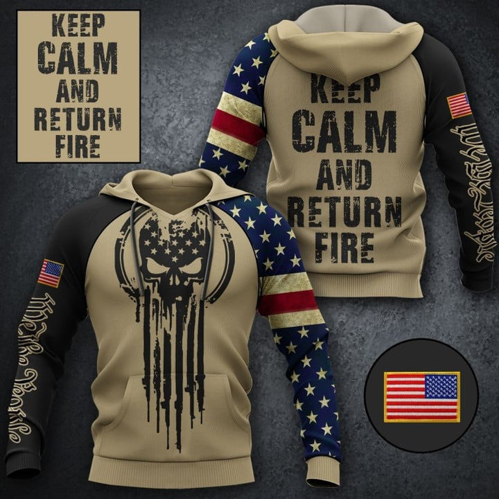 Keep Calm And Return Fire Skull Hoodie We The People Mens USA Flag Hoodies Gun Lovers Clothing