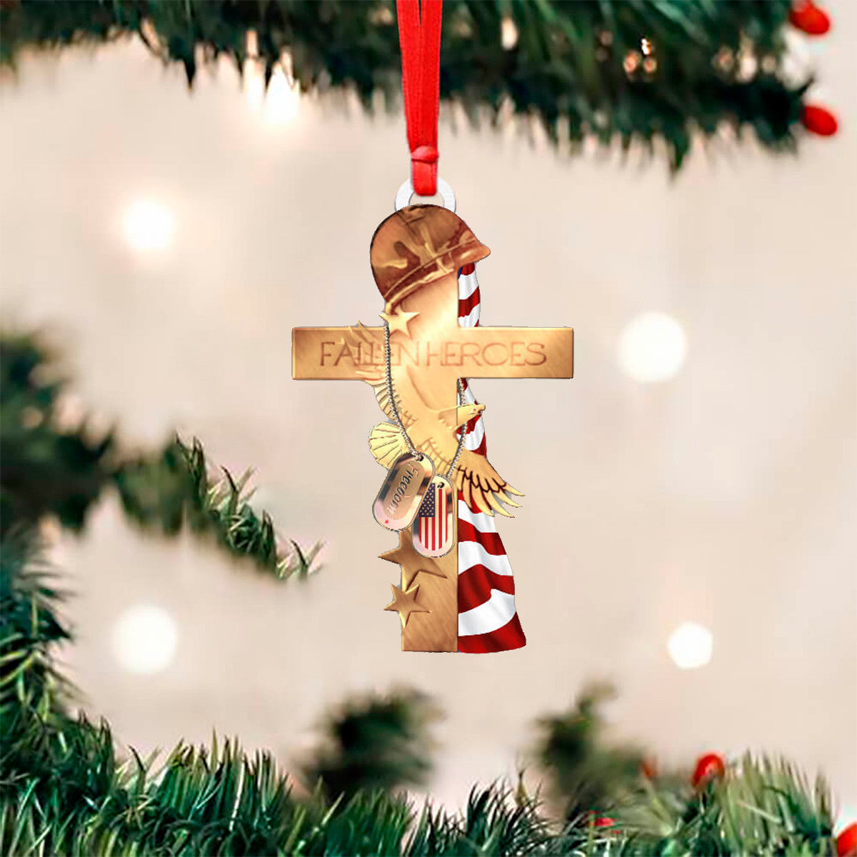 Faith Heroes Veteran Christian Cross Ornament USA Flag Dog Tag Veteran Patriotic Ornament