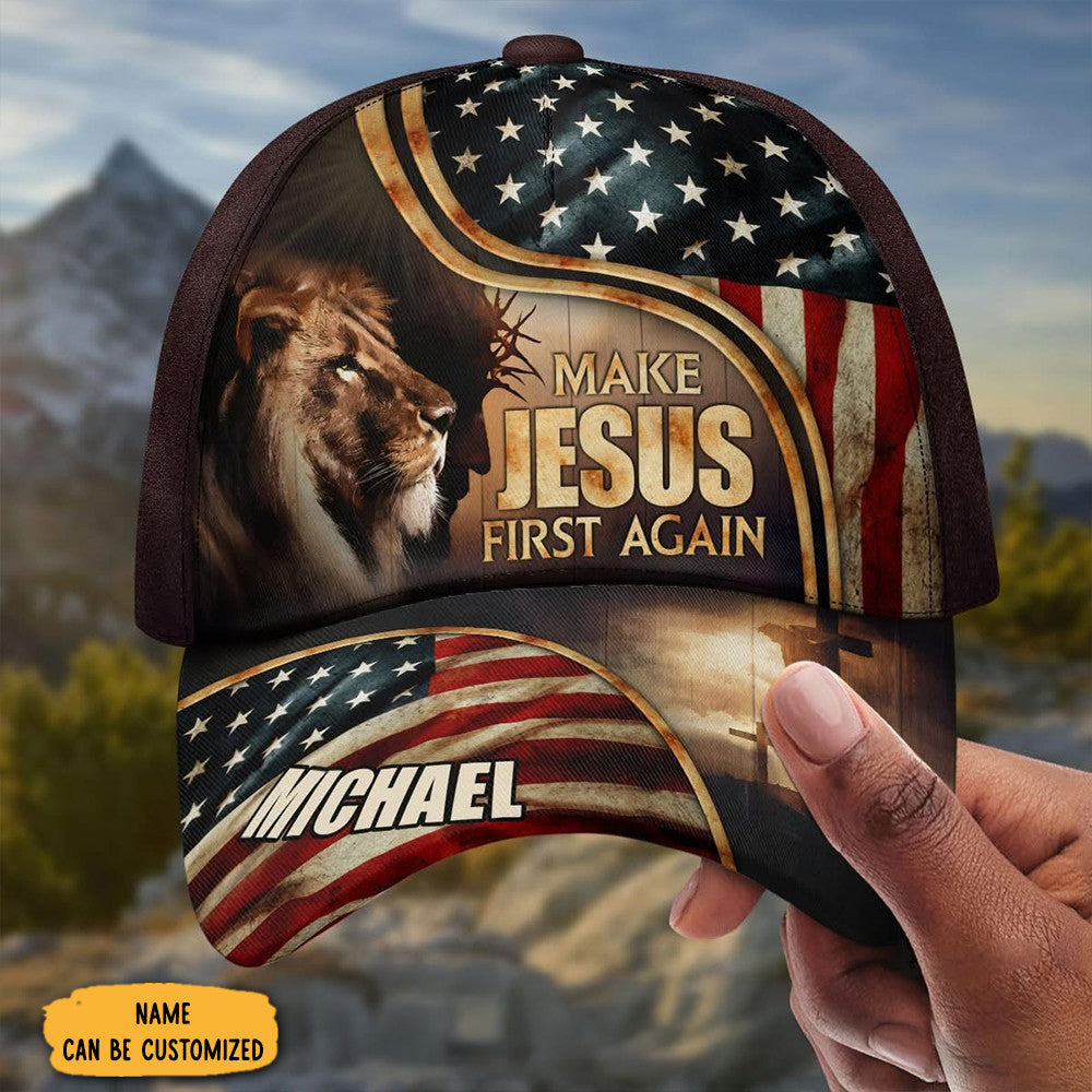Personalized Lion Make Jesus First Again Hat Faith Based American Flag Hat Christian Gifts