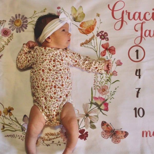 Wildflower Baby Girl Milestone Blanket, Monthly Baby Growth Tracker Blanket, Newborn Girl Photo Prop, Floral Baby Shower Gift