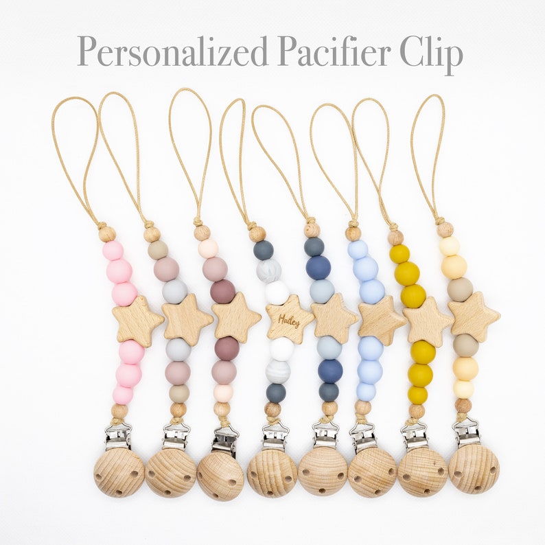 Personalized Pacifier Clip – Custom Beech Wood & Silicone Soother Holder, Baby Pacifier Attachment