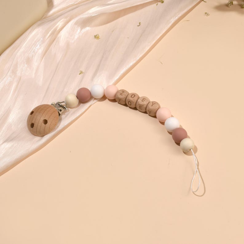 Custom Pacifier Clip, Personalized Newborn Soother Clip, Baby Name Wooden Pacifier chain, Handmade Baby Party Baptism Holder, Shower Gift