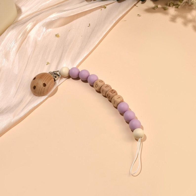Custom Pacifier Clip, Personalized Newborn Soother Clip, Baby Name Wooden Pacifier chain, Handmade Baby Party Baptism Holder, Shower Gift