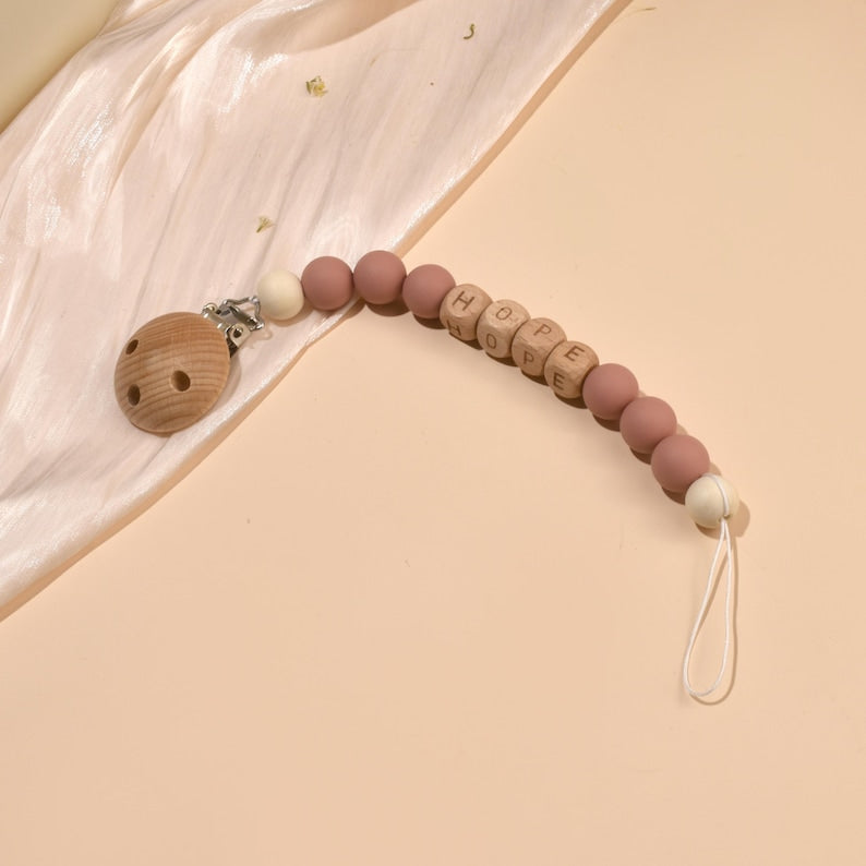 Custom Pacifier Clip, Personalized Newborn Soother Clip, Baby Name Wooden Pacifier chain, Handmade Baby Party Baptism Holder, Shower Gift
