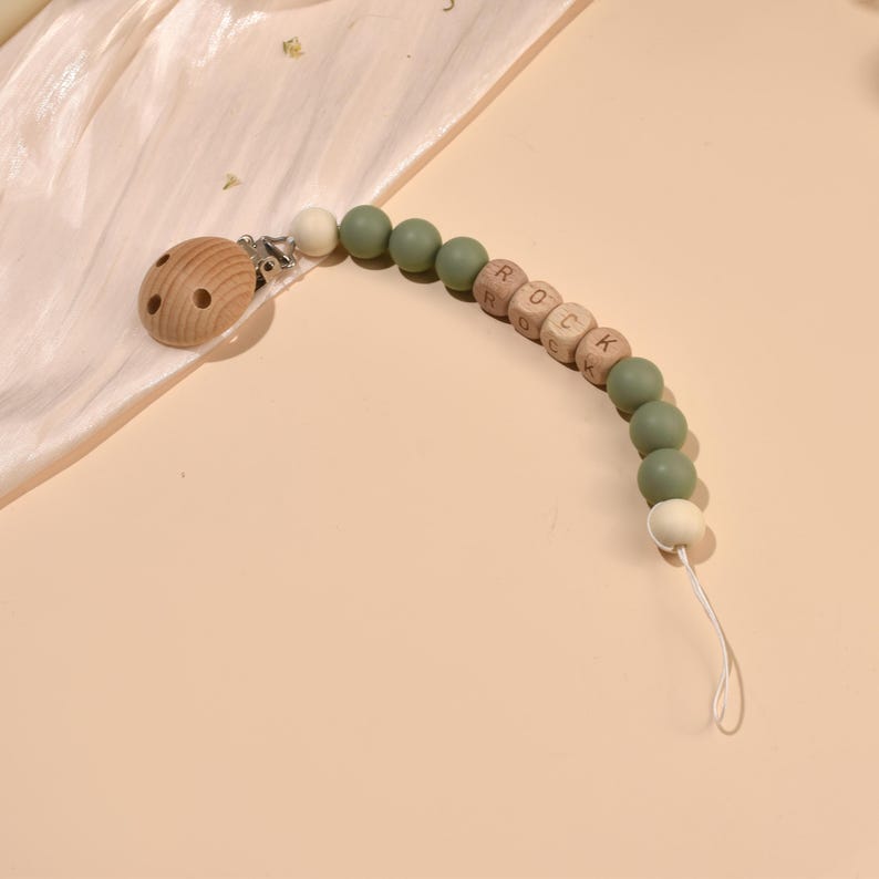 Custom Pacifier Clip, Personalized Newborn Soother Clip, Baby Name Wooden Pacifier chain, Handmade Baby Party Baptism Holder, Shower Gift