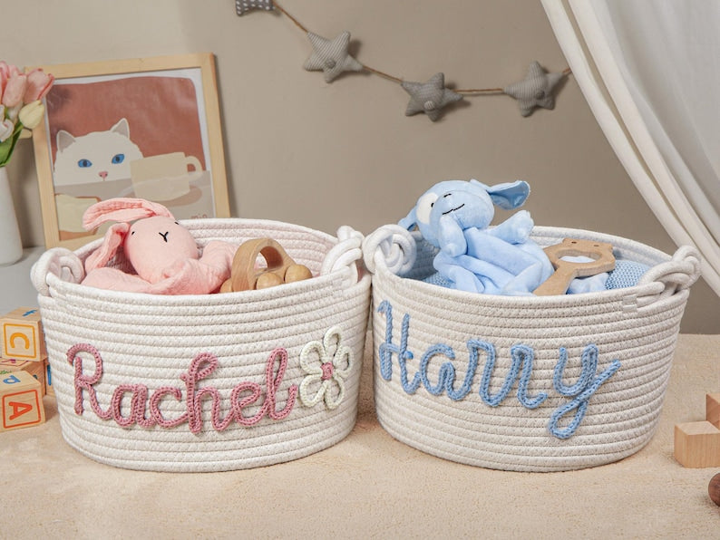 Personalized Baby Shower Gift Basket, Handmade Cotton Rope Baby Gift Basket, Custom Baby Basket, Toy Basket, Newborn Gift, Baby Name Gift