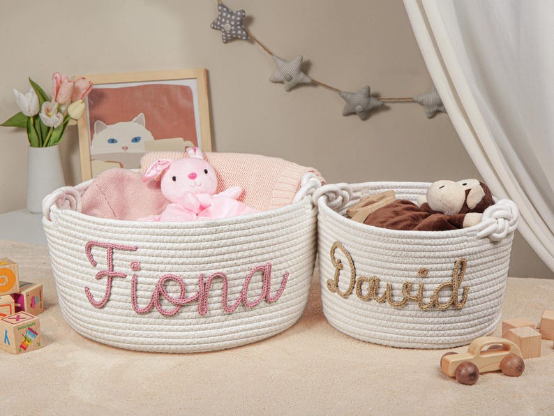 Personalized Baby Shower Gift Basket, Handmade Cotton Rope Baby Gift Basket, Custom Baby Basket, Toy Basket, Newborn Gift, Baby Name Gift