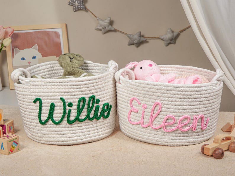Personalized Baby Shower Gift Basket, Handmade Cotton Rope Baby Gift Basket, Custom Baby Basket, Toy Basket, Newborn Gift, Baby Name Gift