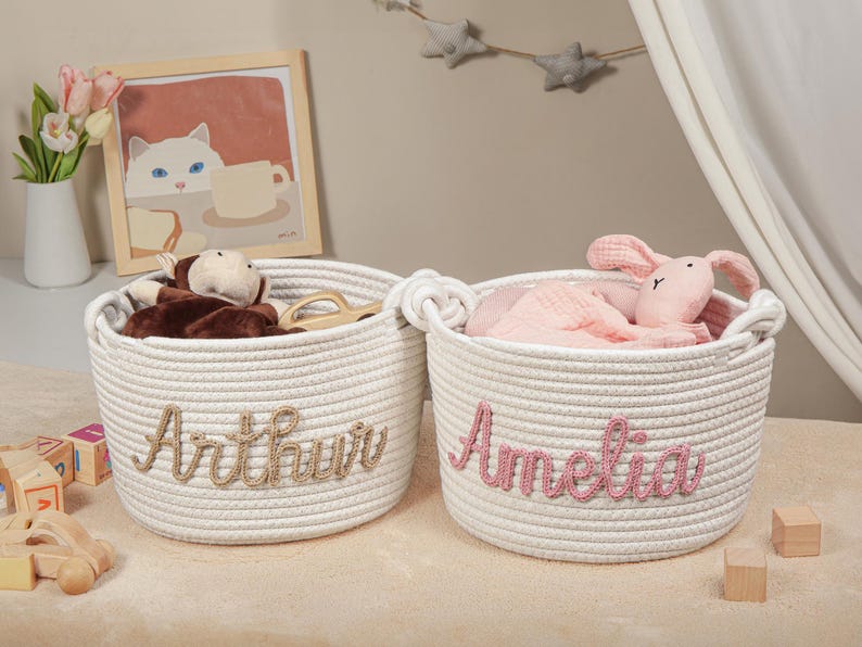 Personalized Baby Shower Gift Basket, Handmade Cotton Rope Baby Gift Basket, Custom Baby Basket, Toy Basket, Newborn Gift, Baby Name Gift