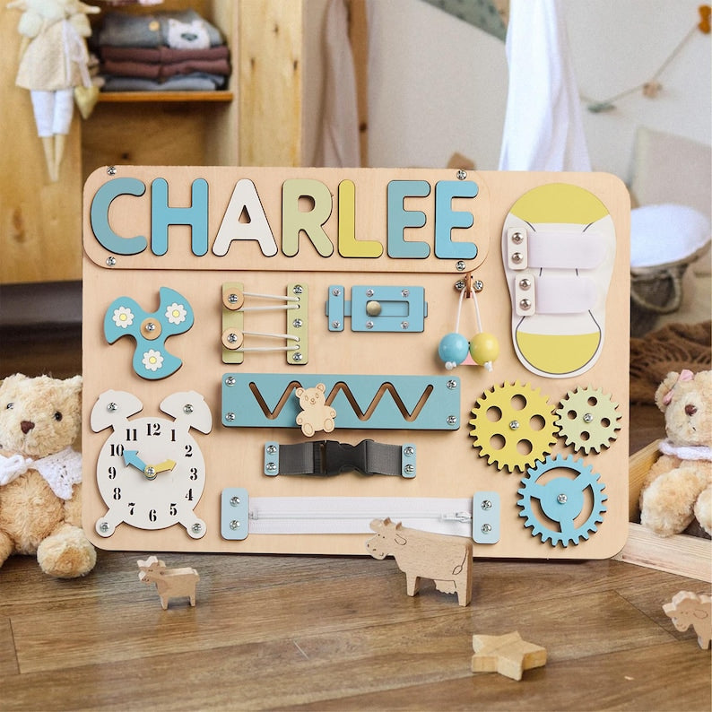 Personalized Baby Busy Board, Wooden Montessori Toys, Baby Shower Gift, Toddler Gifts, Baby Christmas Gifts Custom Name