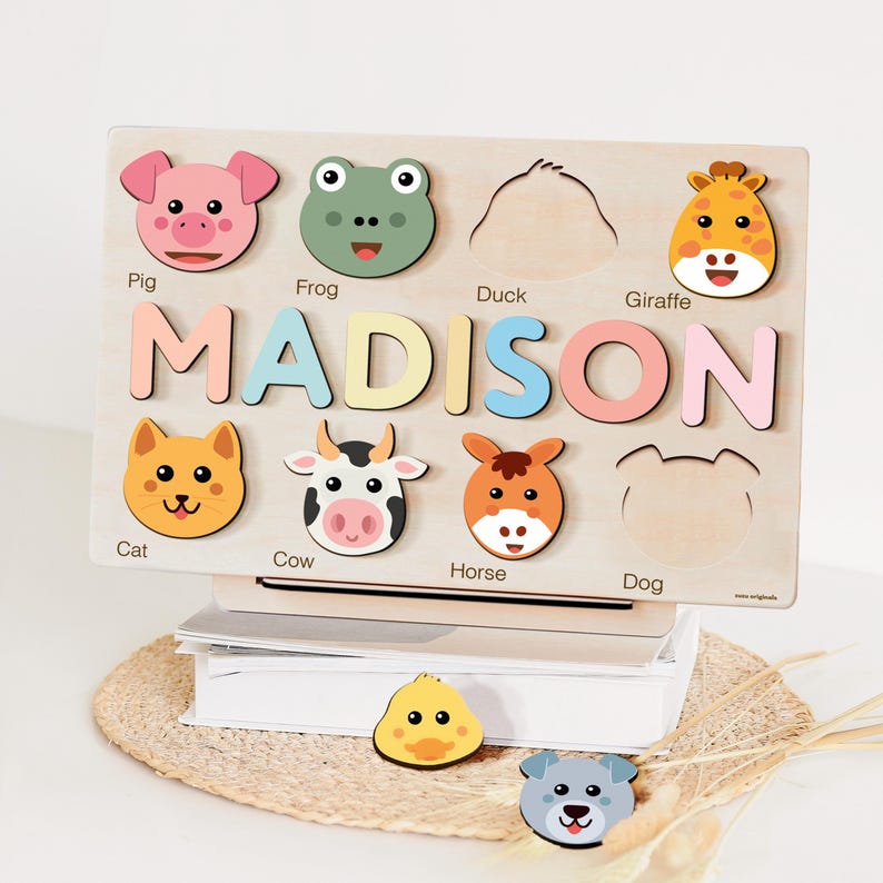 Wooden Busy Board Puzzle, Personalized Name Puzzle Toy, Baby Girl Gift,  Wood Toys for One Year Old