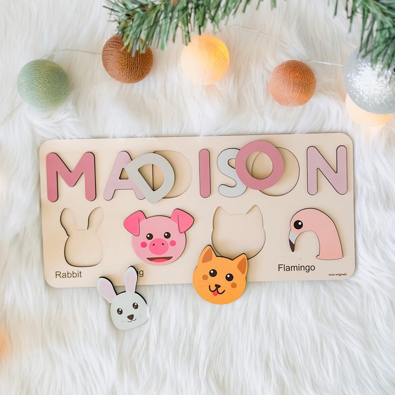 Wooden Busy Board, Personalized Name Puzzle Toy, Baby Girl Gift,  Wood Toys for One Year Old