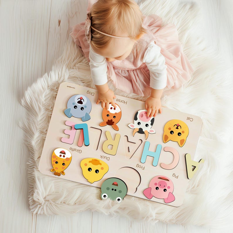 Wooden Busy Board Puzzle, Personalized Name Puzzle Toy, Baby Girl Gift,  Wood Toys for One Year Old