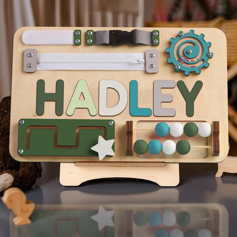 Personalized Baby Busy Board, Wooden Montessori Toys, Baby Shower Gift