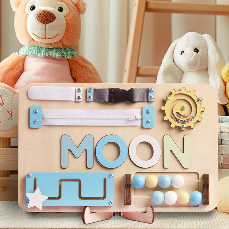 Personalized Baby Busy Board, Wooden Montessori Toys, Baby Shower Gift