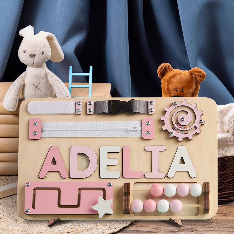 Personalized Baby Busy Board, Wooden Montessori Toys, Baby Shower Gift