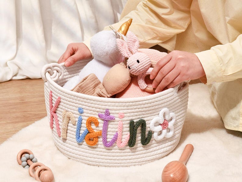 Personalized Baby Shower Gift Basket, Handmade Cotton Rope Baby Gift Basket, Custom Baby Basket