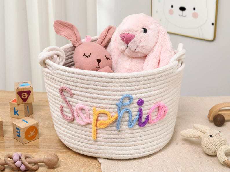 Personalized Baby Shower Gift Basket, Rope Cotton Baby Basket, Newborn Gift, Baby Name Keepsake, Easter Basket